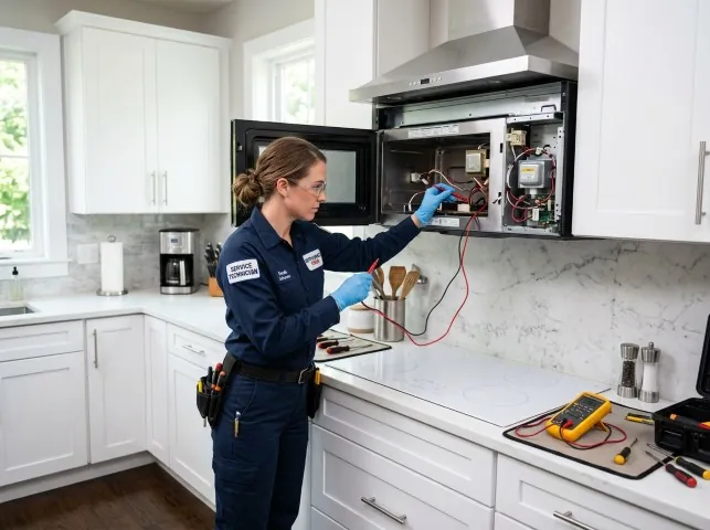 Appliance Repair Hero technician testing an over-the-range microwave in a Alden, NY kitchen